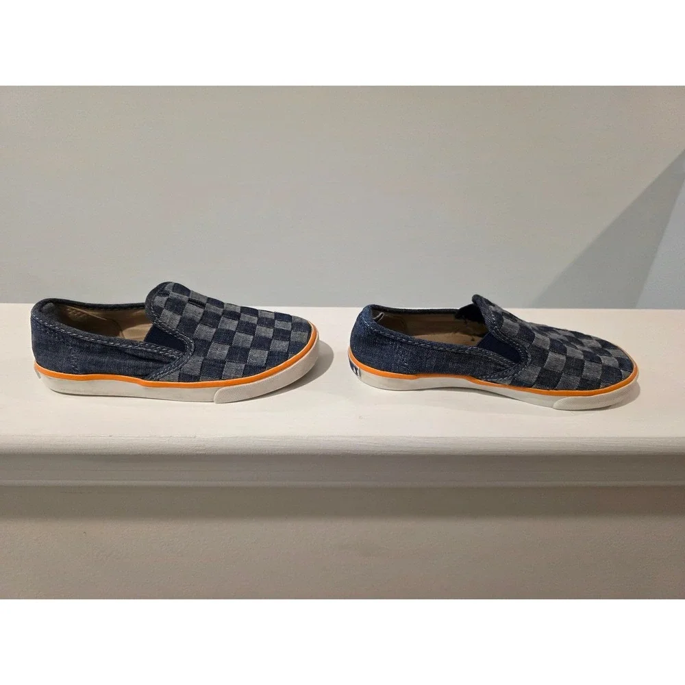 Kid's sz 11 Old Navy Blue Denim Checkerboard Slip On Sneakers Orange Trim Summer